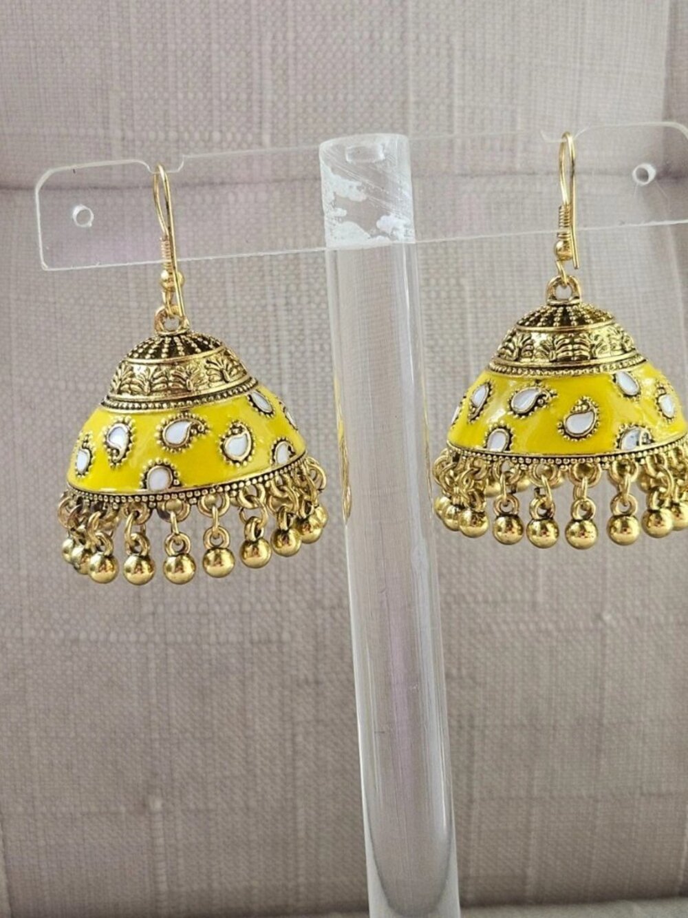 Jhumka Earrings Yellow Enamel Gold Tone Fashion Ear Jewelry Chandelier Earrings - Picture 4 of 11